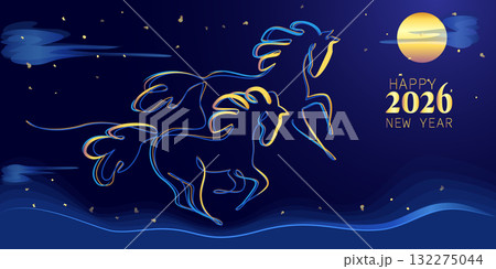Year of the horse, Chinese New Year 2026 banner card with blue horses and clouds, golden mane and stars. Year of the horse, Chinese New Year 2026 banner card with blue horses and clouds, golden mane and stars. 132275044