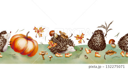 Forest character,a hedgehog,in a cute childrens style on seamless autumn border,wearing yellow rubber boots and holding a bouquet of wheat spikes,oak,maple leaves,mushrooms,big pumpkin on green lawn 132275071