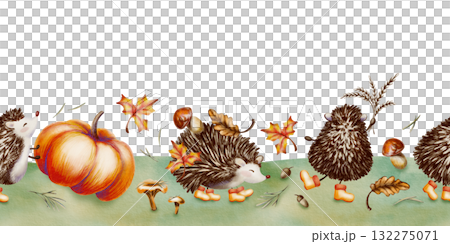 Forest character,a hedgehog,in a cute childrens style on seamless autumn border,wearing yellow rubber boots and holding a bouquet of wheat spikes,oak,maple leaves,mushrooms,big pumpkin on green lawn 132275071