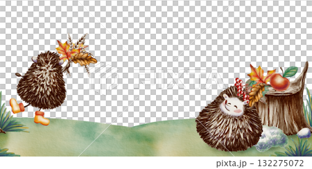 Funny long-eared hedgehog curled up in a ball,quietly dozing In a clearing near an old stump with another hedgehog in rubber boots and an autumn bouquet in seamless border 132275072