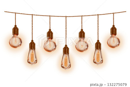 Vintage retro glowing bulbs garlands in template creates a mood of festivity and celebration,makes the exterior cozy and memorable.The watercolor illustration on white background 132275079