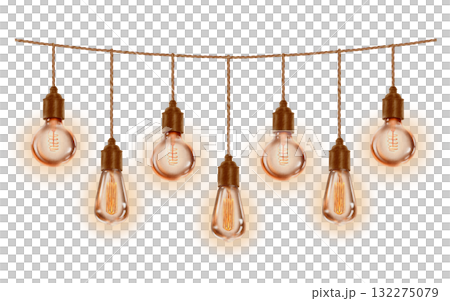 Vintage retro glowing bulbs garlands in template creates a mood of festivity and celebration,makes the exterior cozy and memorable.The watercolor illustration on white background 132275079