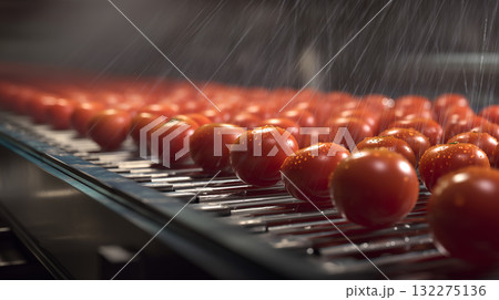 Ripe Tomatoes Washed on Metal Rollers in Industrial Food Processing Facility 132275136