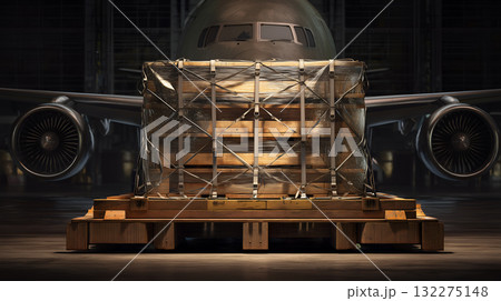 Secured Cargo Crate on Pallet in Front of Jet Aircraft Inside Hangar for Air Freight Operations Secured Cargo Crate on Pallet in Front of Jet Aircraft Inside Hangar for Air Freight Operations 132275148