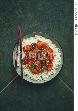 fried chicken teriyaki with rice, green onion and sesame, homemade, no people, fried chicken teriyaki with rice, green onion and sesame, homemade, no people, 132275184