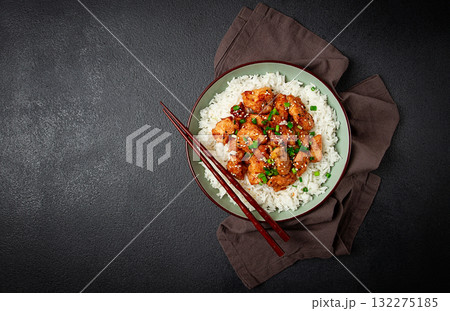 fried chicken teriyaki with rice, green onion and sesame, homemade, no people, fried chicken teriyaki with rice, green onion and sesame, homemade, no people, 132275185