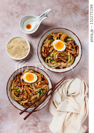 buckwheat noodles soba with shimeji mushrooms, with boiled egg, green onion, sesame seeds, homemade, without people, 132275199