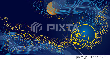 Halloween decoration card. Human scull. Continuous One line drawing Halloween decoration card. Human scull. Continuous One line drawing 132275250