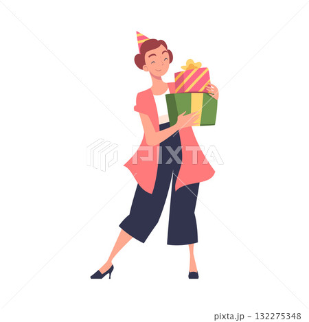 Woman Character on Holiday with Gift Box Celebrating Birthday Party Vector Illustration 132275348
