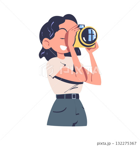 Woman Photographer with Camera Engaged in Professional Job Vector Illustration 132275367