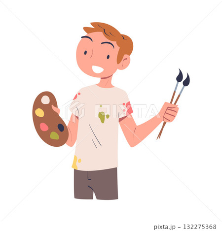 Man Artist with Palette and Brush Engaged in Professional Job Vector Illustration 132275368