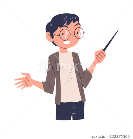 Man Teacher in Glasses with Pointer Engaged in Professional Job Vector Illustration 132275369