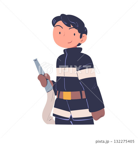 Man Firefighter with Hose in Uniform Engaged in Professional Job Vector Illustration 132275405