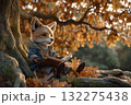 木の下で本を読むキュートな擬人化キツネ 132275438