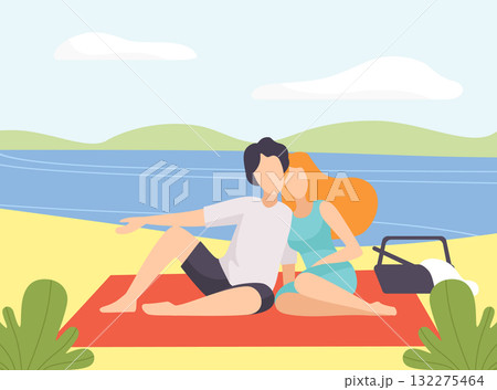 Man and Woman at Nature Enjoy Outdoor Activity Have Picnic Vector Illustration Man and Woman at Nature Enjoy Outdoor Activity Have Picnic Vector Illustration 132275464