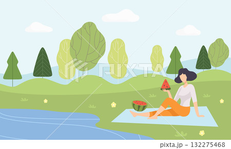 Woman at Nature Enjoy Outdoor Activity Have Picnic Vector Illustration Woman at Nature Enjoy Outdoor Activity Have Picnic Vector Illustration 132275468