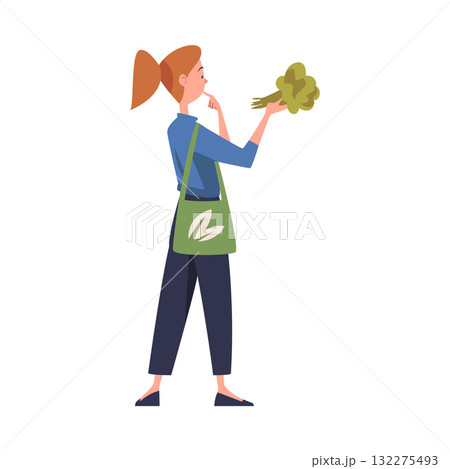 Woman Character in Eco Market with Shopping Bag Vector Illustration 132275493