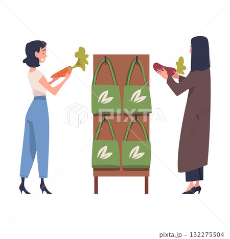 Woman Character in Eco Market with Shopping Bag Vector Illustration 132275504
