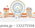 Seamless vector border. Winter amusement park, Christmas market, winter town, Christmas street. Christmas holiday fair, market, carousel with horses, Ferris wheel, winter houses. Hand-drawn flat 132275508