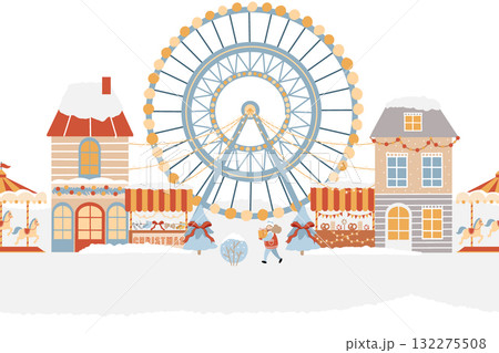 Seamless vector border. Winter amusement park, Christmas market, winter town, Christmas street. Christmas holiday fair, market, carousel with horses, Ferris wheel, winter houses. Hand-drawn flat 132275508