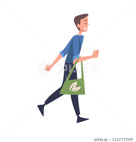 Man Character in Eco Market with Shopping Bag Vector Illustration 132275509