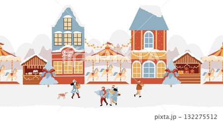 Seamless vector border. Winter amusement park, Christmas market, winter town, Christmas street. Christmas holiday fair, carousel with horses, Christmas tree, winter houses, festive people with 132275512