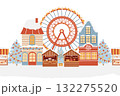 Seamless vector border. Winter amusement park, Christmas market, winter town, Christmas street. Christmas holiday fair, Ferris wheel, Christmas tree, winter houses. Hand-drawn flat illustration 132275520