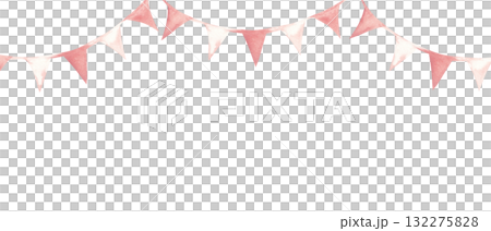 Watercolor pink bunting garland frame, border. Hand painted baby shower, birthday decoration for girl party, nursery wall print or invitation, cards, templates background. 132275828