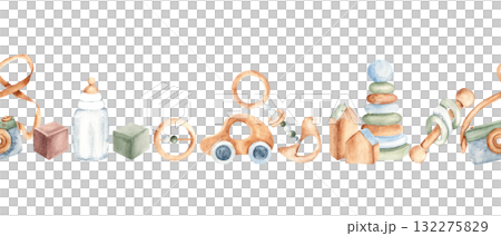 Watercolor baby toys seamless pattern, border with camera, rattles, auto, milk bottle and pyramid. Hand drawn illustration for nursery or baby shower card, invitation. Watercolor baby toys seamless pattern, border with camera, rattles, auto, milk bottle and pyramid. Hand drawn illustration for nursery or baby shower card, invitation. 132275829
