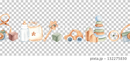 Watercolor baby toys seamless pattern, border with camera, bib, rattle, car and pyramid. Hand drawn wooden elements for nursery or baby shower card, invitation. 132275830
