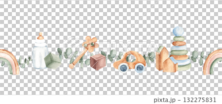 Watercolor baby toys seamless border, pattern with car, milk bottle, rattle, stacking toy, rainbow and eucalyptus branches. Hand painted nursery design for baby shower cards or invitations. 132275831
