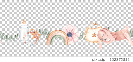 Watercolor baby girl seamless border, pattern with bottle, rainbow, flower, bib and bunny toy. Hand painted nursery design, for baby shower invitation or card. Watercolor baby girl seamless border, pattern with bottle, rainbow, flower, bib and bunny toy. Hand painted nursery design, for baby shower invitation or card. 132275832