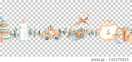 Watercolor baby boy seamless border, pattern with wooden car, bottle, photo camera, bib, toys and eucalyptus branches. Hand painted nursery design, for baby shower card or invitation. Watercolor baby boy seamless border, pattern with wooden car, bottle, photo camera, bib, toys and eucalyptus branches. Hand painted nursery design, for baby shower card or invitation. 132275833