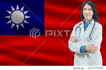 Taiwanese medicine and healthcare concept. Close up of doctor against Taiwan flag background 132275945