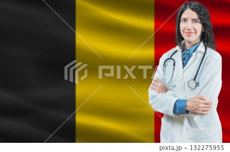 Belgian medicine and healthcare concept. Close up of doctor against Belgium flag background 132275955
