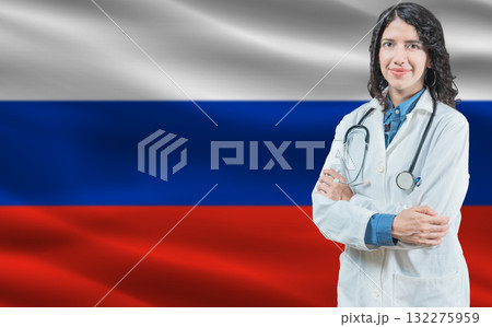 Russian medicine and healthcare concept. Close up of doctor against Russia flag background 132275959