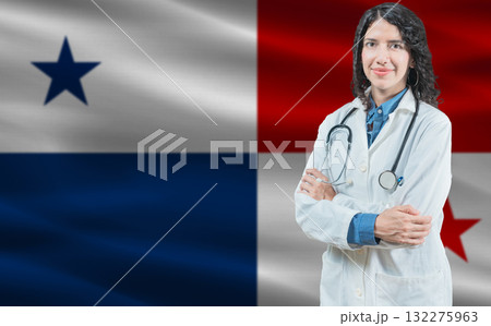 Panamanian medicine and healthcare concept. Close up of doctor against Panama flag background 132275963