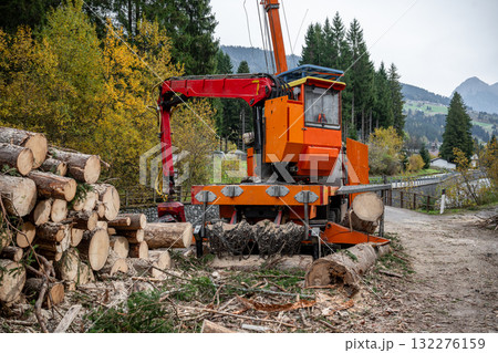 Forestry machine cutting and processing logs during wood harvesting in mountain forest area 132276159