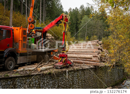 Forestry machine cutting and processing logs during wood harvesting in mountain forest area 132276174