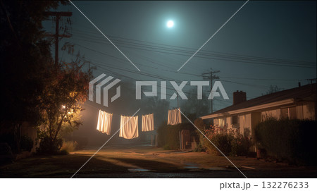 Halloween night scene with white sheets hanging on clothesline near spooky house 132276233