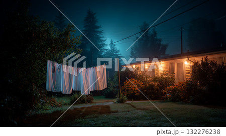 Halloween night scene with white sheets hanging on clothesline near spooky house Halloween night scene with white sheets hanging on clothesline near spooky house 132276238