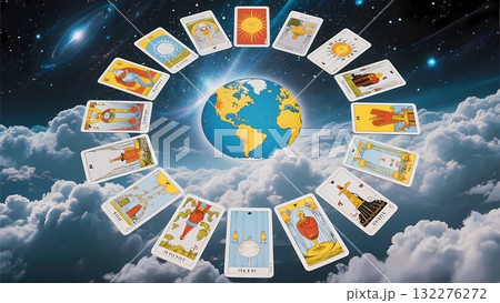 地球を中心に宇宙に並べられたタロットカード 132276272