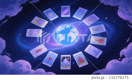 地球のまわりに並べられたタロットカード 132276275