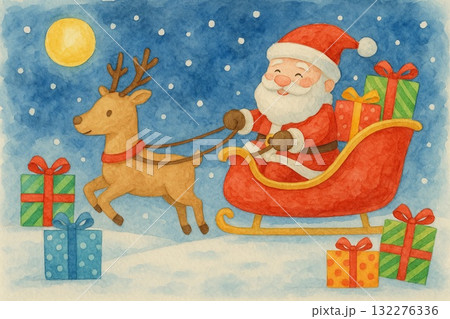 クリスマス　サンタクロース　トナカイ　水彩画 132276336