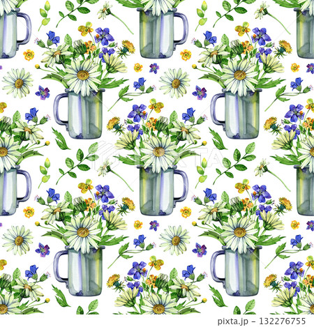 Floral seamless pattern with mug and bouquet of wildflowers with daisies. Hand drawn watercolor for print, fabric 132276755