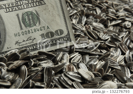 Dollars banknotes and sunflower seeds, oleaginous Commodity value concept. Dollars banknotes and sunflower seeds, oleaginous Commodity value concept. 132276793