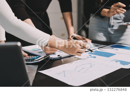 Accounting company provide finance and taxation planning for profitable cash flow, Auditor and accountant team working in office, analyze financial data and accounting record with calculator.Insight 132276848