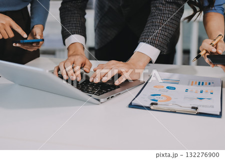 Accounting company provide finance and taxation planning for profitable cash flow, Auditor and accountant team working in office, analyze financial data and accounting record with calculator.Insight 132276900