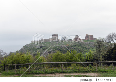 Beautiful view of ancient ruins Hammershus in cloudy weather on the island Bornholm, Denmark 132277641