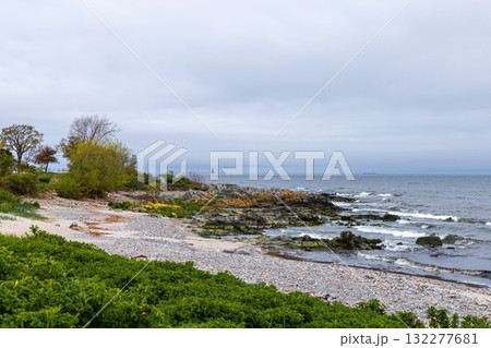 Sea sandy beach in cloudy weather. Seascape 132277681
